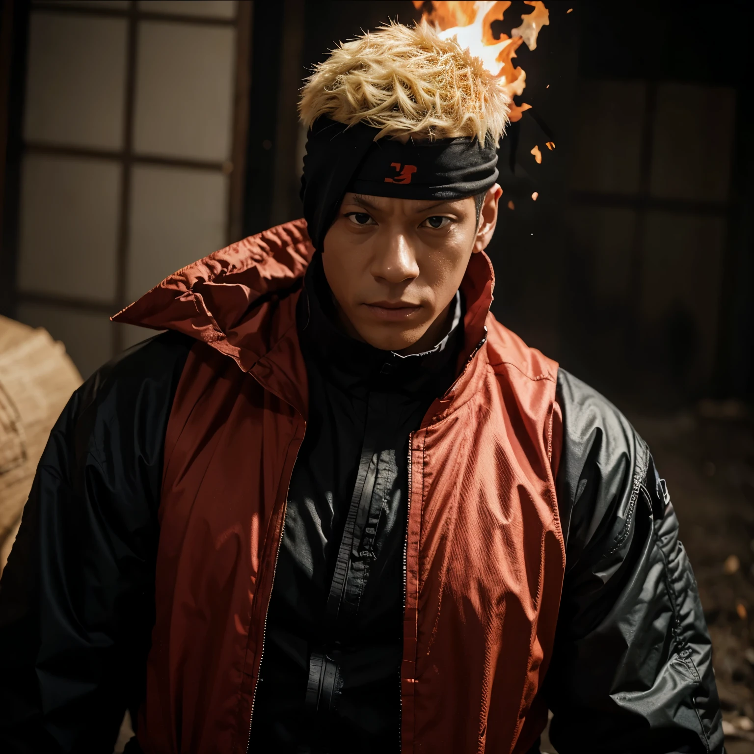 Personaje hombre con poderes de fuego estilo jujutsu kaisen anime