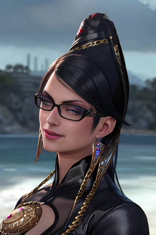 score_9, score_8_up, score_7_up, score_6_up, score_5_up, 1girl, Bayonetta, 1girl, solo, long hair, looking at viewer, smile, short hair, blue eyes, jewelry, earrings, sky, black hair, glasses, lips, makeup, lipstick, eyeshadow, black-framed eyewear, alternate hair length, bikini (insanely detailed, beautiful detailed face, masterpiece, best quality) 