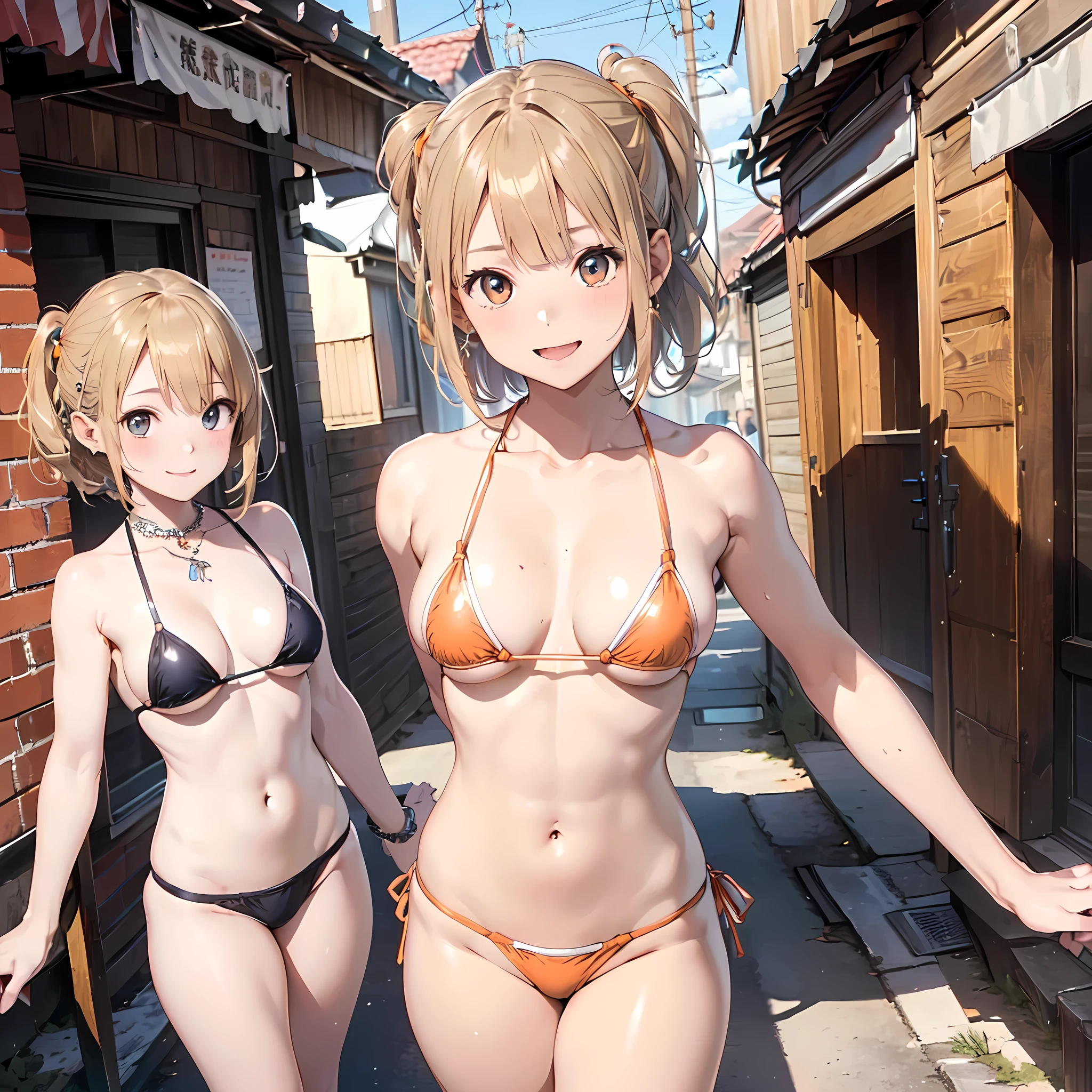 ((masterpiece, best quality, ultra quality, high quality, hyper detailed, intricate detailed, perfect anatomy, shiny skin, cowboy shot,)), (3women are posing for a camera), Laughing with your mouth open,  brown hair, blond hair, navel, jewelry, looking at viewer, necklace, long hair, short hair, Abdominal muscles,pale orange bikini