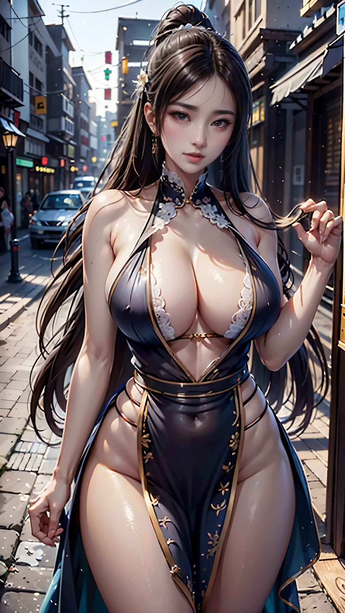 Sexy woman walking on the street，Beautiful figure，Long flowing hair，Wearing a tight skirt，Showing off charming curves；Distinctive features，Skin like jade，Deep eyes；The art style is unique，Fusion of Realism and Impressionism，Delicate brushstrokes，Light and shadow；Rich in street elements，cafes、Neon、Pedestrians hurry，Add a touch of life；The visuals are stunning，Colors are vivid and layered，High definition；Excellent picture quality，Exquisite details，Like a photo；Soft light，creating a romantic ambiance；Master style highlights，The shadow of Van Gogh and Monet，Demonstrate professionalism，Award-winning hit。