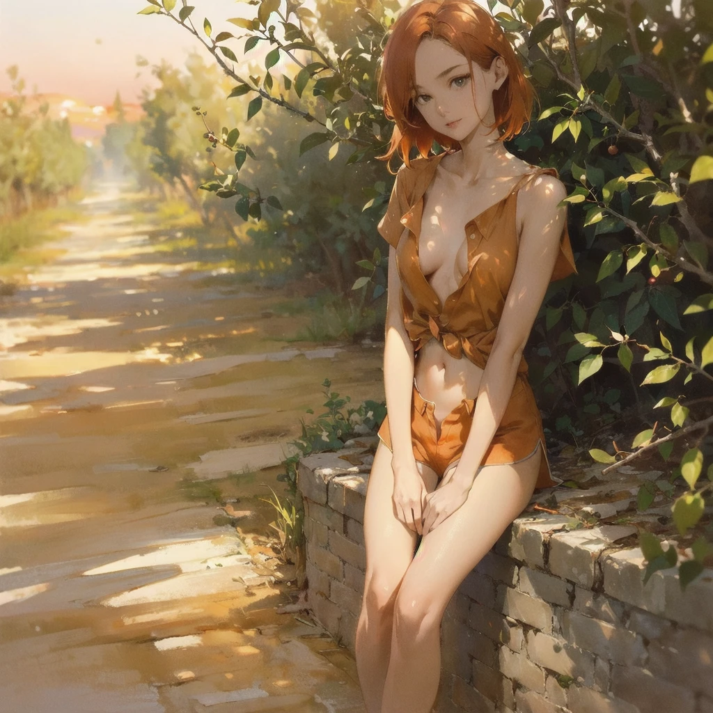 Beautiful slender thin exquisite (nude) (Girl ) (with a perfect southern type face) with short red hair (with tender beautiful big breasts with tender nipples) barefoot with bare thighs ((with red pubic hairs)) ((in an unbuttoned open light orange shirt over his naked body and short light orange shorts)) coming (along the brick road) in the middle of a flowering field (with a glass of wine), in a gentle watercolor style, Discreet shades, sfumato, haze, diffused dim light, delicate mint shades, imitation of film photography, (olive and grape groves, Brick Road), (High image quality, Maximum detail), (sunset lighting, Warm evening shades, warm golden and olive sunset light)
