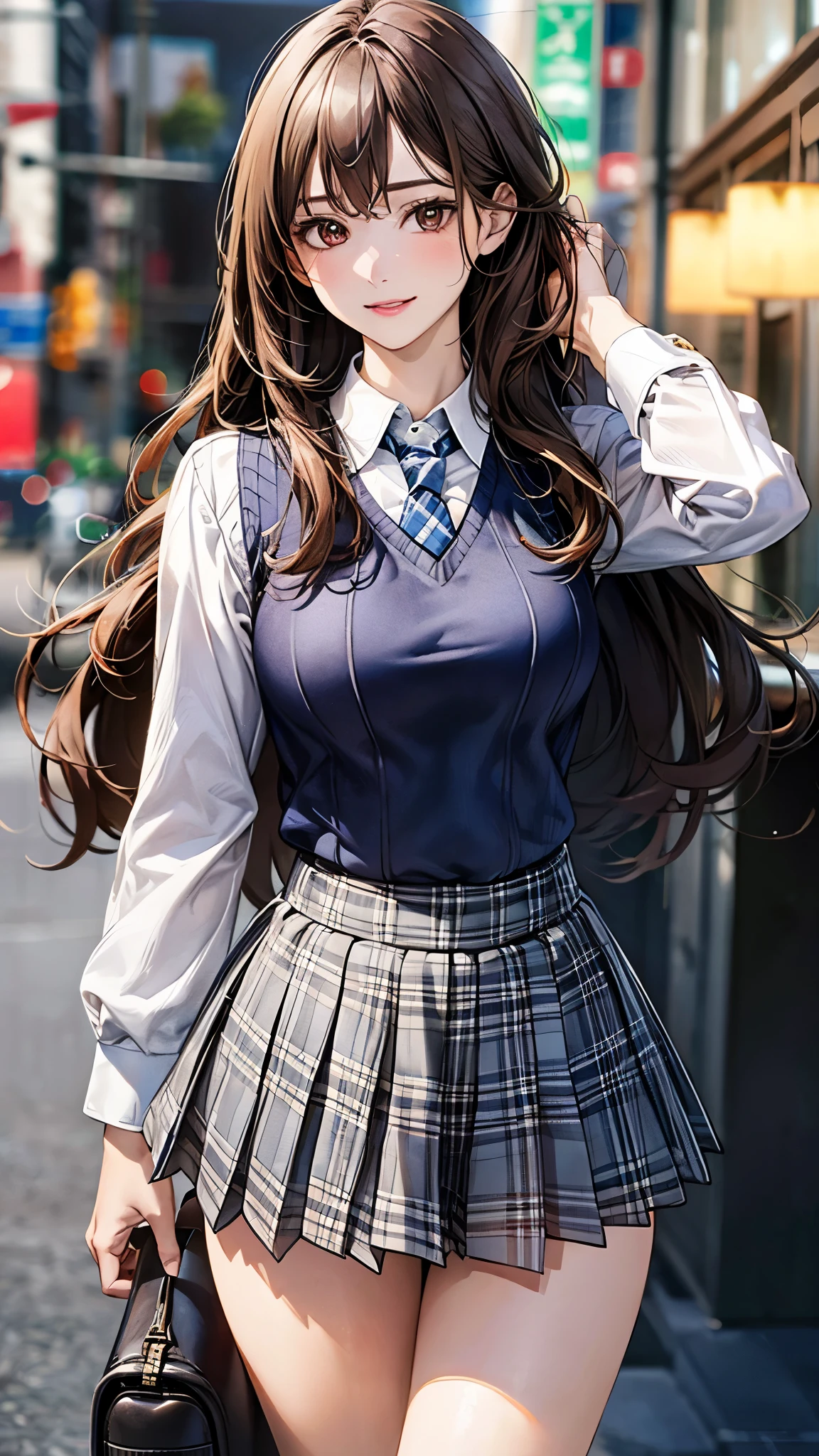 (masterpiece:1.3, top-quality), ultra high res, ultra detailed, (realistic, photorealistic:1.4), beautiful illustration, perfect lighting, colorful, depth of fields,
looking at viewer, (face focus, upper body), 1 girl, solo, hight school girl, gravure model, (large breasts:0.8, large ass, seductive thighs, skindentation),
(long hair:1.2, straight hair:1.2, (saddle-brown colored) hair), asymmetrical bangs, (brown) eyes, drooping eyes, big eyes, shiny skin, slender,
beautiful hair, beautiful face, extremely detailed face, beautiful detailed eyes, beautiful clavicle, beautiful body, beautiful chest, beautiful thigh, beautiful legs, beautiful fingers,
(detailed cloth texture, grey plaid tie, (navy knit vest), collared long sleeve white shirt, grey plaid pleated skirt), black socks, white panties, black school bag,
(beautiful scenery), morning, (downtown), walking, (lovely-smile),