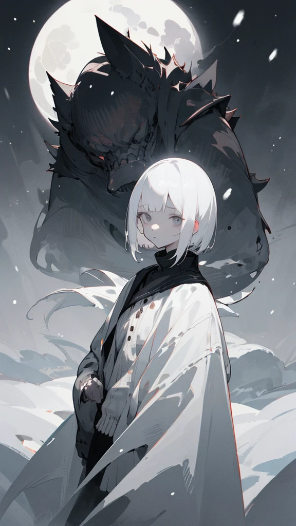 (masterpiece、highest quality)、Short nape hair、1 girl with very short white hair、Black cardigan、Grim expression、Grey Eyes、Warm lighting、 Blurred foreground、Deep in the night、High Contrast、night,snowing,Heavy snowfall,winter,Alone in the vast snowy field,whole body,curse,Looking at me,Huge construction,full moon