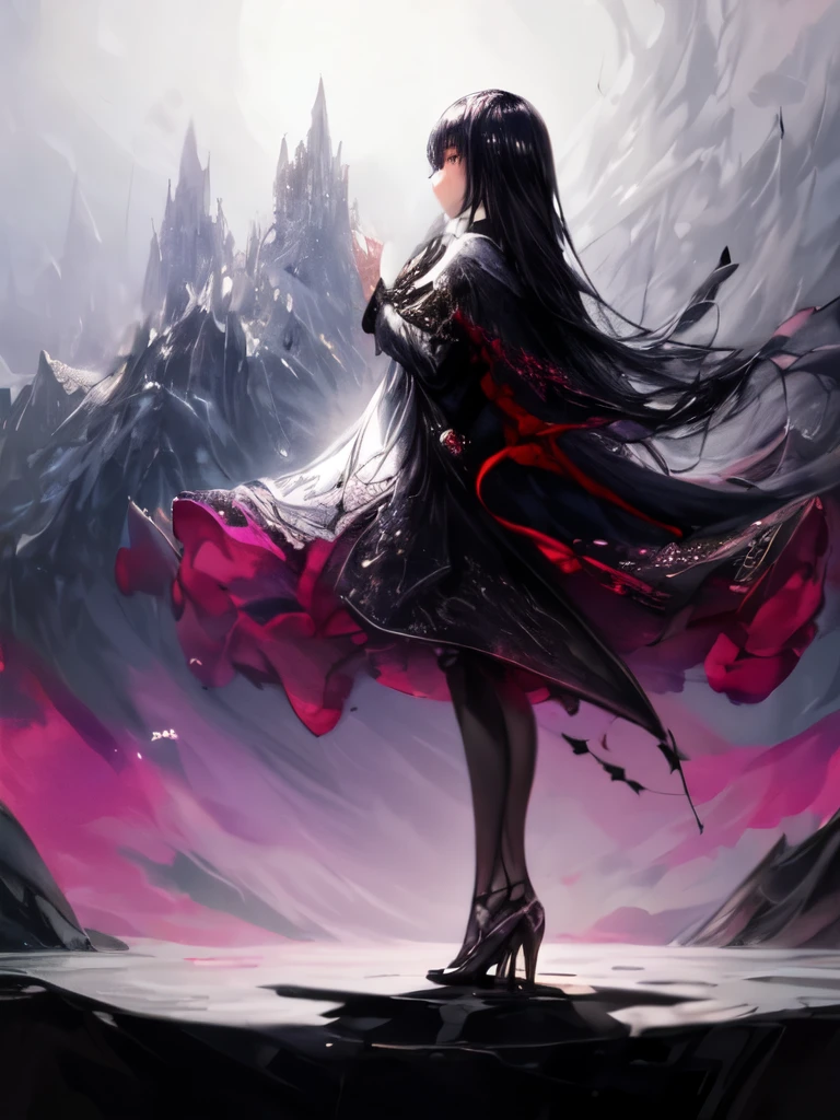 Create a beautiful and mysterious scene of a young girl standing in front of a mountain, gazing into the distance during springtime. The girl should be depicted in full body.