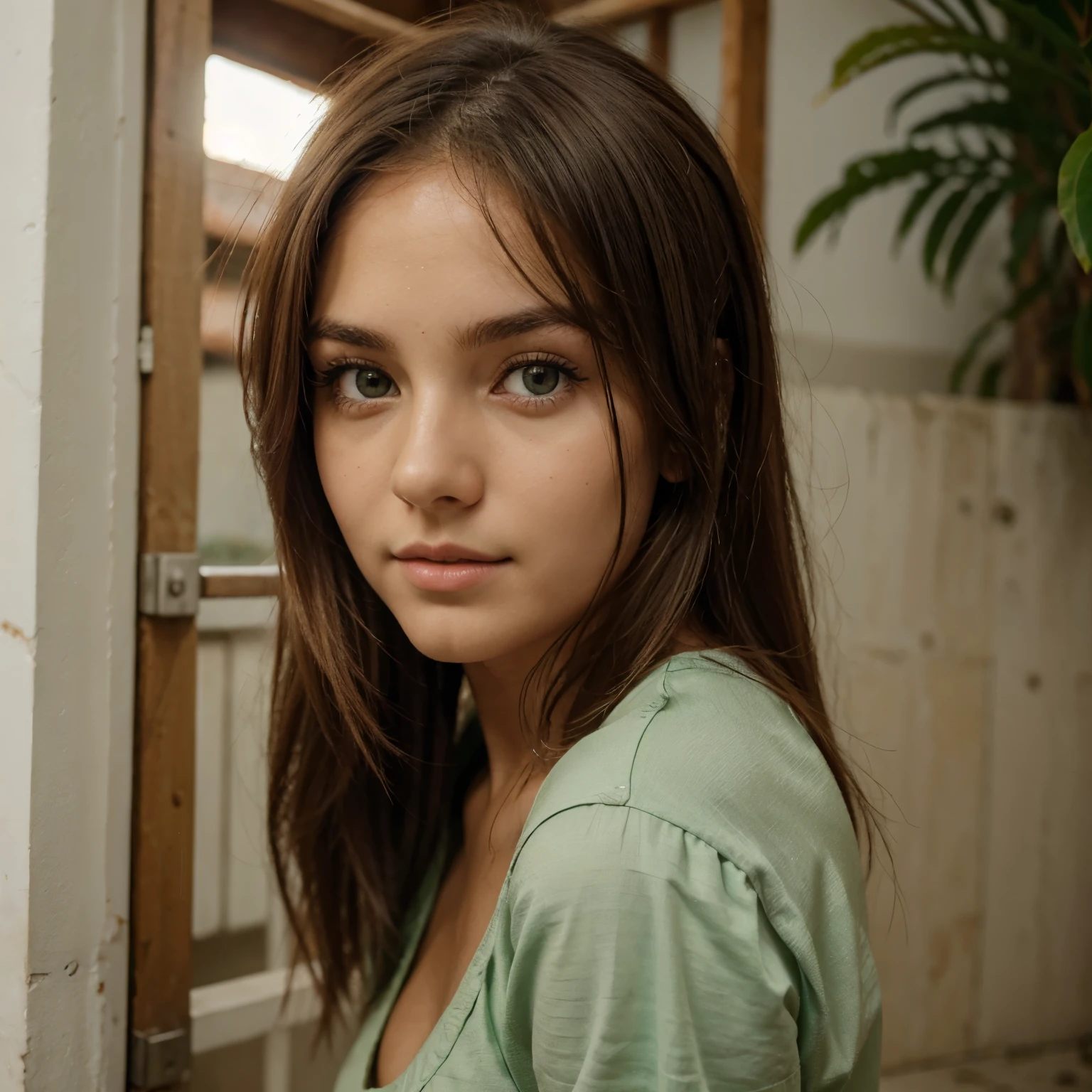 garota tem cabelos castanhos de tamanho curto e liso, her eyes are brown with a little green and she looks to be around 13 years old