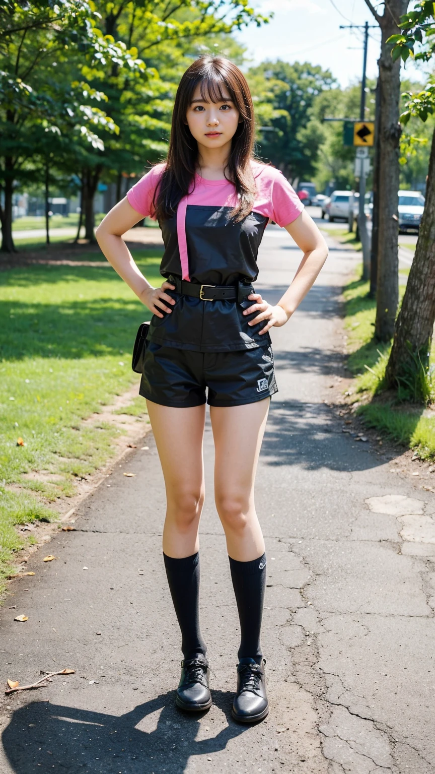 (8k、RAW Photos、highest quality、masterpiece:1.2)、(Realistic、Realistic)、1 girl、((pink and black police uniform、Shorts、、Big Breasts、I can see your chest、View from the front、belt、Knee socks、、Stand with hands on hips、In the city))、