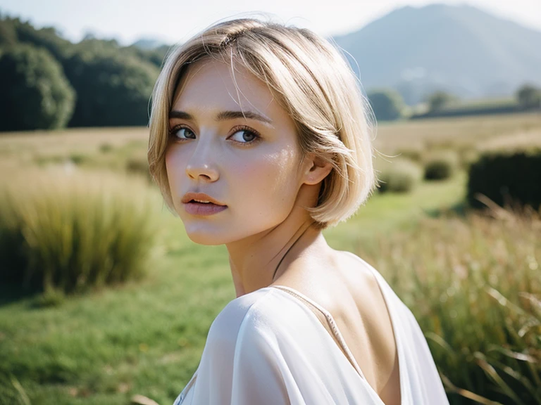 Highest quality、8k、It feels so natural、Italian、woman、Beautiful、Super Very Short Hair、Blonde、Skinny、White camisole、Bust up photo、Looking Back、looking at the camera、Serious face、Landscape、White Studio、Background Blur、A sad feeling、Background white、Indoor Photography、