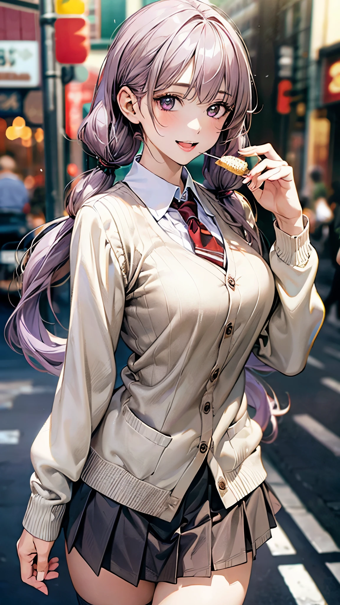 (masterpiece:1.2, top-quality, ultra high res, ultra detailed), (realistic, photorealistic:1.4), beautiful illustration, (natural side lighting, movie lighting),
looking at viewer, full body, 1 girl, japanese, high school girl, perfect face, (perfect anatomy), cute and symmetrical face, baby face, shiny skin, slender,
(long hair:1.5, low twintails:1.5, light purple hair), swept bangs, gold eyes, drooping eyes, big eyes, long eye lasher, (medium breasts),
beautiful hair, beautiful face, beautiful detailed eyes, beautiful clavicle, beautiful body, beautiful chest, beautiful thigh, beautiful legs, beautiful fingers,
((detailed cloth texture, long sleeves light brown cardigan:1.4, light grey pleated skirt, white collared shirt), dark red tie, white thigh-high),
(beautiful scenery), day time, (downtown) walking, ((eating ice cream)), (happy smile, open mouth),