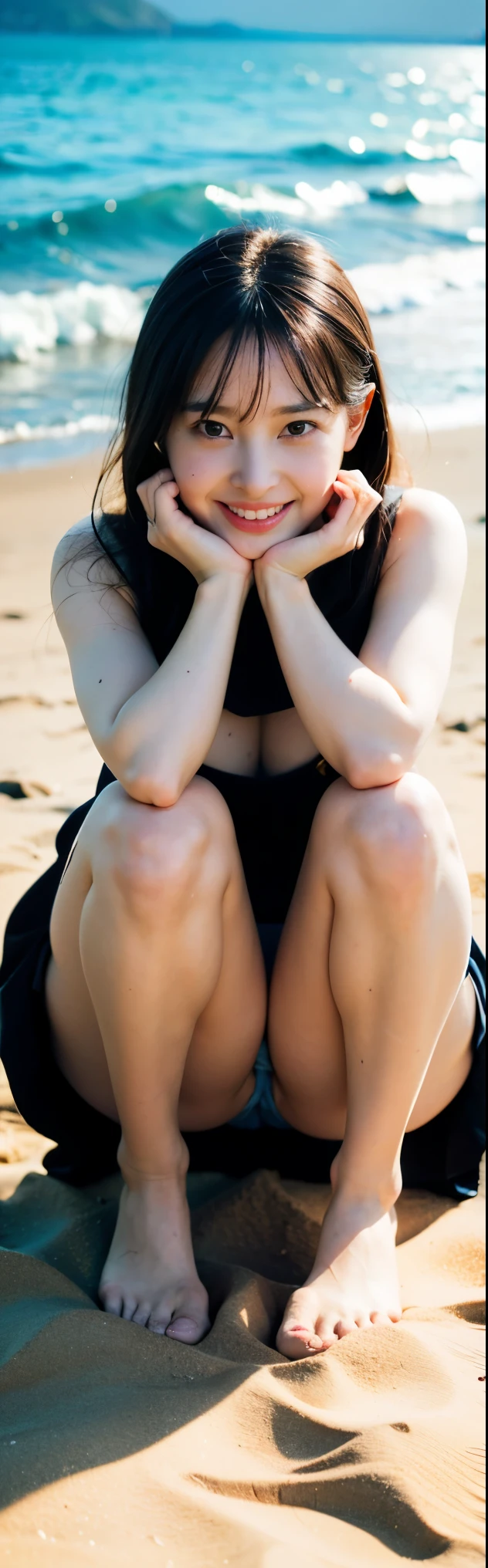 (8k、RAW Photos、highest quality、masterpiece:1.2)、(Realistic、Realistic)、1 girl、((Beach,Beautiful Skin、Bend your knees:1.5、Backlit sunlight、Naughty body))、smile、Lots of eyelashes、Add shine to your eyelids、skeletally correct