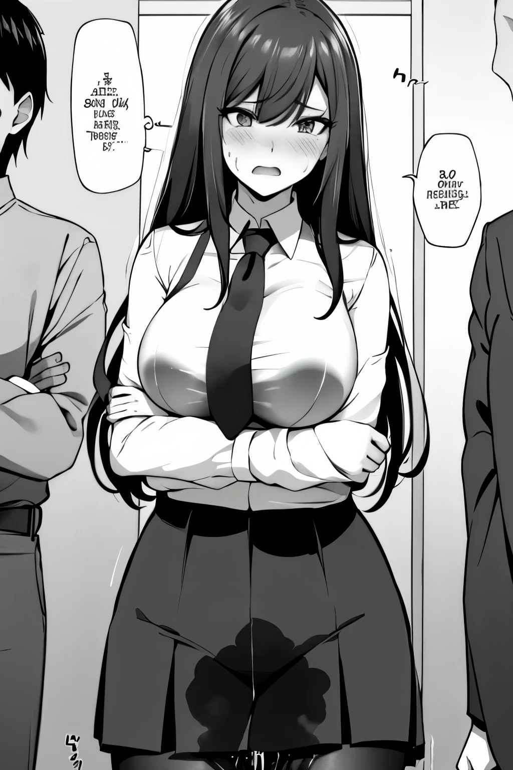 A woman with long black hair, wearing a business outfit consisting of a suit, pencil skirt, and pantyhose, stands in a monochrome setting. The artwork is inspired by manga and incorporates a doujin style. The woman appears to be (wetting herself:1.5), which causes her to feel embarrassed and humiliated, resulting in a blush on her face. In addition, there is an air of anger in her expression. The lighting in the scene is moody, with a spotlight highlighting the woman's figure. She is crossing her arms, (arms crossed:1.5), fully showcasing her skirt., medium breasts