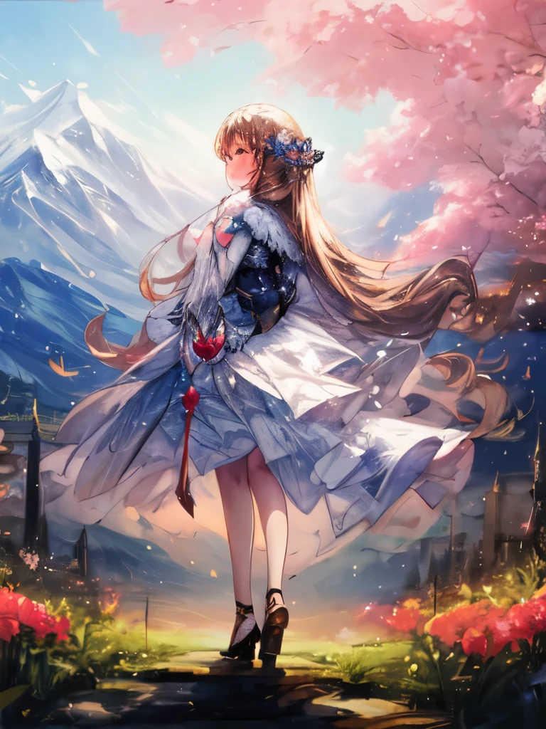 Create a beautiful scene of a young girl standing in front of a mountain, gazing into the distance during springtime. The girl should be depicted in full body.