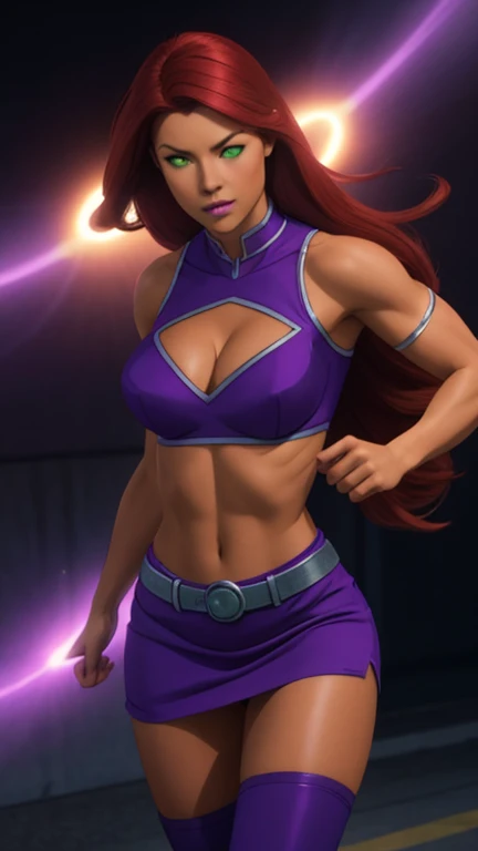 Photorealistic, Ultra realistic, 16k, high quality, cinematic lights, dream atmosphere, dream aesthetic, 1girl, red-scarlet hair, (realistic silky hair), StarfireDC, glowing green eyes (shining), long flowing hair(red), tanned skin illuminated, realistic textured skin, realistic shading, glowing eyes tan skin, cleavage, large natural breasts, (purple crop top:1.2), bare shoulders, midriff, purple miniskirt, purple thighhighs, realistic textures, belt, 16k resolution, detailed face and eyes, muscular female body, strong arms, lean belly, strong hips, muscular thighs, thick legs, full body, realistic, flying through the air, glowing balls of energy in her hands, style-paintmagic, different positions at different types of angles.
