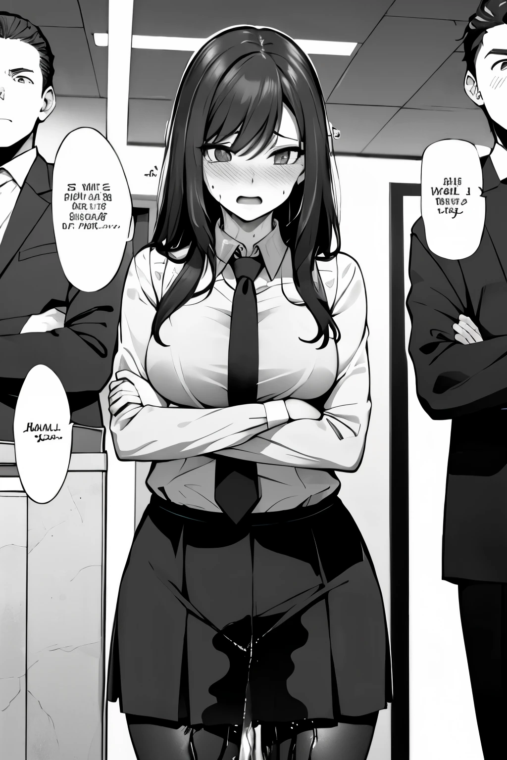 A woman with long black hair, wearing a business outfit consisting of a suit, pencil skirt, and pantyhose, stands in a monochrome setting. The artwork is inspired by manga and incorporates a doujin style. The woman appears to be (wetting herself:1.5), which causes her to feel embarrassed and humiliated, resulting in a blush on her face. In addition, there is an air of anger in her expression. The lighting in the scene is moody, with a spotlight highlighting the woman's figure. She is crossing her arms, (arms crossed:1.5), fully showcasing her skirt., medium breasts