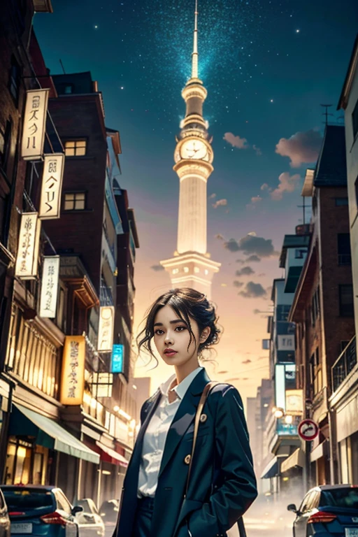 best quality,4k,8k,highres,masterpiece:1.2,ultra-detailed,realistic:1.37,HDR,UHD,studio lighting,ultra-fine painting,sharp focus,physically-based rendering,extreme detail description,professional,art nouveau,tarot card style,dynamic angle, high octane action,dynamic pose, joy expression, (A persona user, accompanied by their guardian spirit, stands in a vibrant and bustling city. The persona user, dressed in stylish and unique attire, exudes confidence and determination. The persona user stands tall, projecting an aura of strength and power.), (Beside the persona user, their guardian spirit manifests in the form of a Yokai, a supernatural creature known for its mystical abilities. With intricate details and vibrant colors, the Yokai emanates an otherworldly presence. It serves as a visual representation of the persona user's inner self, both a protector and a source of power.), (Surrounding the persona user and the Yokai, the cityscape comes alive with bustling streets, vibrant signs, and towering skyscrapers. The city is bathed in the hues of sunset, casting a warm and mysterious glow over the scene. The lights from the city create an enchanting ambiance, highlighting the contrast between the modern metropolis and the fantastical elements of the persona user and the Yokai.), (In terms of art style, the image is brought to life with bold lines, dynamic poses, and a unique blend of realism and fantasy. The art style seamlessly integrates the supernatural elements with the urban setting, creating a visually striking composition.), (The lighting in the image is carefully crafted to enhance the atmosphere and mood. Soft, diffused light illuminates the persona user's face, accentuating their features and adding a touch of mystery. The cityscape is bathed in golden hues, creating a warm and inviting ambiance that contrasts with the supernatural elements of the scene.)