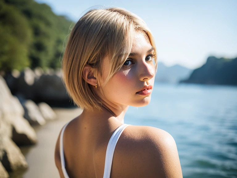 Highest quality、8k、It feels so natural、Italian、woman、Beautiful、Super Very Short Hair、Blonde、Skinny、White camisole、Bust up photo、Looking Back、looking at the camera、Serious face、Landscape、White Studio、Background Blur、A sad feeling、Background white、Indoor Photography、indoor