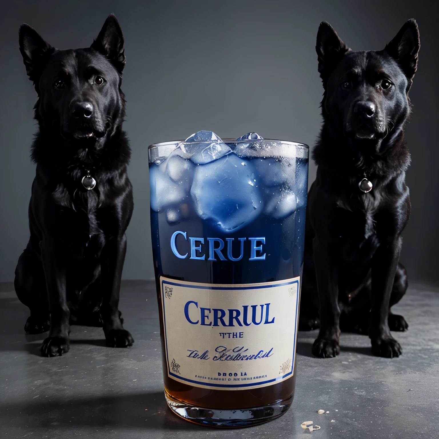 an alcoholic drink called cerberus with a blue label and the face of the three-headed dog Cerberus