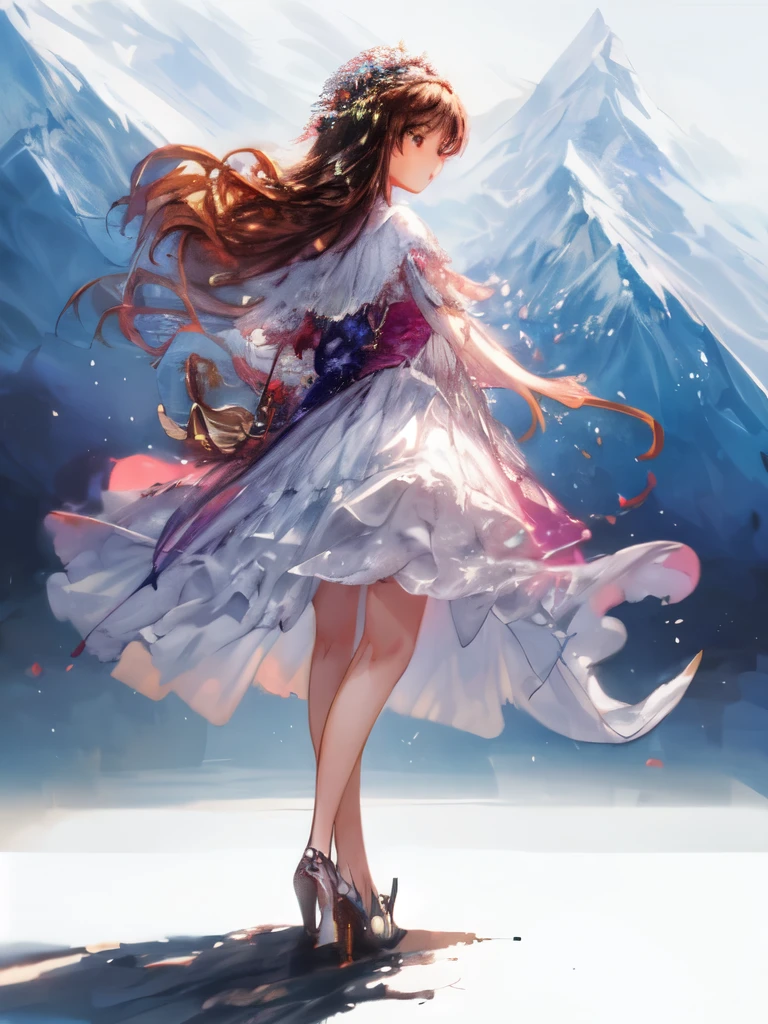 Create a beautiful scene of a young girl standing in front of a mountain, gazing into the distance during springtime. The girl should be depicted in full body.
