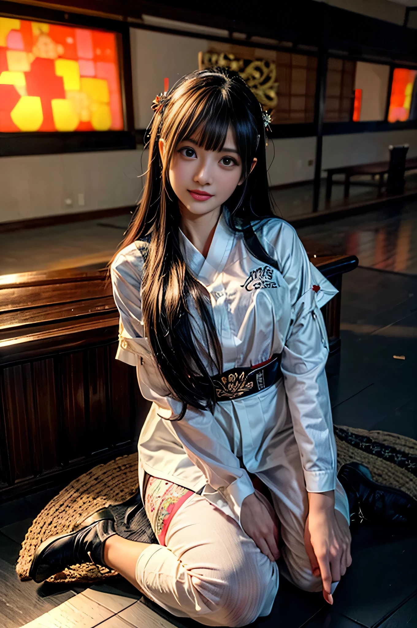 mesa cantarolando, Mulher bonita, pele escura, Japanese, seios grandes, camisa bodycon, saia xadrez cinza, vivid hair, rabos de porco encaracolados, sala de aula