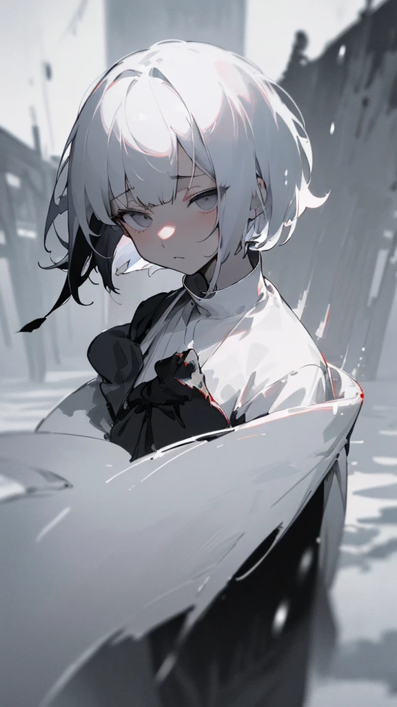 (masterpiece、highest quality)、Short nape hair、1 girl with very short white hair、Black cardigan、Grim expression、Grey Eyes、Warm lighting、 Blurred foreground、Deep in the night、High Contrast、night,Heavy snowfall,winter,full moon