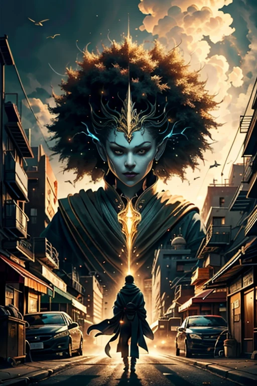 best quality,4k,8k,highres,masterpiece:1.2,ultra-detailed,realistic:1.37,HDR,UHD,studio lighting,ultra-fine painting,sharp focus,physically-based rendering,extreme detail description,professional,art nouveau,tarot card style,dynamic angle, high octane action,dynamic pose, joy expression, (A persona user, accompanied by their guardian spirit, stands in a vibrant and bustling city. The persona user, dressed in stylish and unique attire, exudes confidence and determination. The persona user stands tall, projecting an aura of strength and power.), (Beside the persona user, their guardian spirit manifests in the form of a Yokai, a supernatural creature known for its mystical abilities. With intricate details and vibrant colors, the Yokai emanates an otherworldly presence. It serves as a visual representation of the persona user's inner self, both a protector and a source of power.), (Surrounding the persona user and the Yokai, the cityscape comes alive with bustling streets, vibrant signs, and towering skyscrapers. The city is bathed in the hues of sunset, casting a warm and mysterious glow over the scene. The lights from the city create an enchanting ambiance, highlighting the contrast between the modern metropolis and the fantastical elements of the persona user and the Yokai.), (In terms of art style, the image is brought to life with bold lines, dynamic poses, and a unique blend of realism and fantasy. The art style seamlessly integrates the supernatural elements with the urban setting, creating a visually striking composition.), (The lighting in the image is carefully crafted to enhance the atmosphere and mood. Soft, diffused light illuminates the persona user's face, accentuating their features and adding a touch of mystery. The cityscape is bathed in golden hues, creating a warm and inviting ambiance that contrasts with the supernatural elements of the scene.)