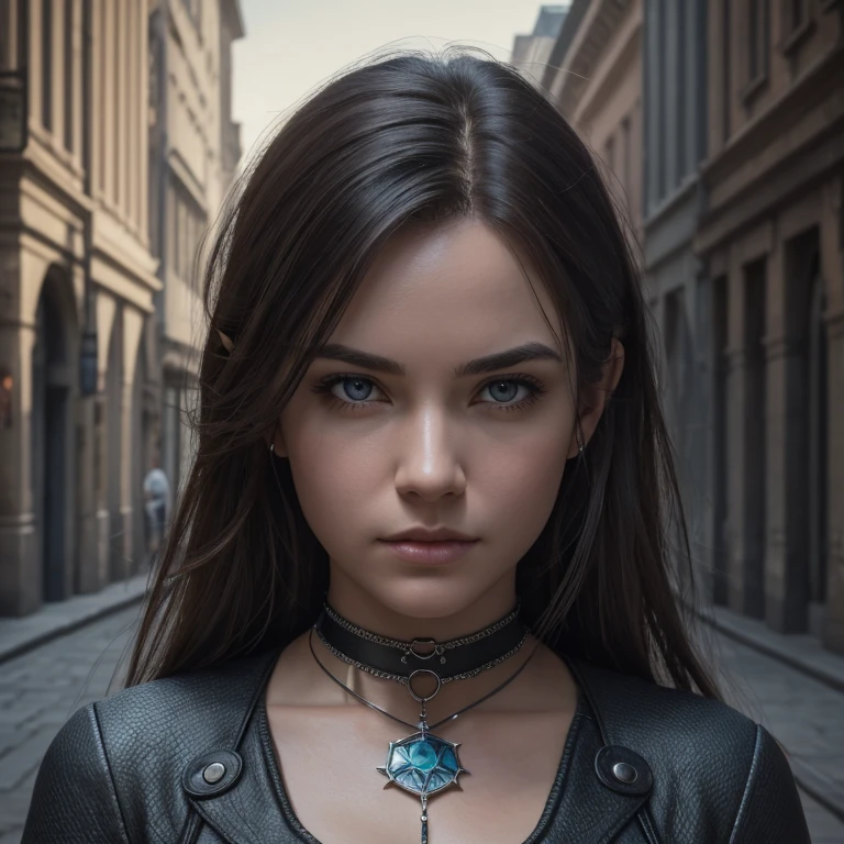 Amazing portrait ofIvy the Archive of the Dresden Files Novell, painting by Boris Vallejo, beautiful face and aura, stunning kid dress, looking at you, perfect centered, amazing view to a great street of a amazing city as background, fall mood, 8K, artgerm style, Canon 90D, 50 mm lens, atmospheric. Photorealistic, photorealism, perfect realistic art, smooth, aftereffects, sharp focus, hi - res, ultra intricate detail, ultra realistic detail, 4K, HDR gloomy, choker style colar, detailed face, magic fantasy, wow effect