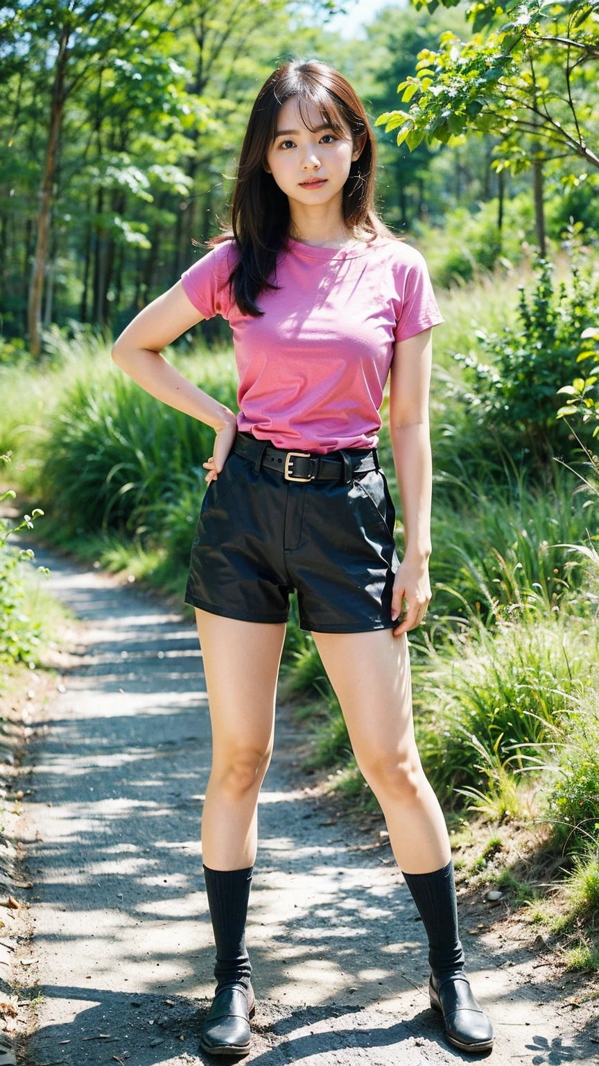 A 19 year tall , slim  russian girl wearing a brown long leather jacket that goes to the knees and a white t-shirt inside which only covers the upper part no the stomach with a pure black  cloth skirt that is above the knees. The girl has long black way. The girl has light skin colour skin. She has full white shoes with sticky strips and small light pick socks that barely reach above the shoes. She's posing a peace sign and smiling . The girl is sitting in on the railing of a small circular lake 