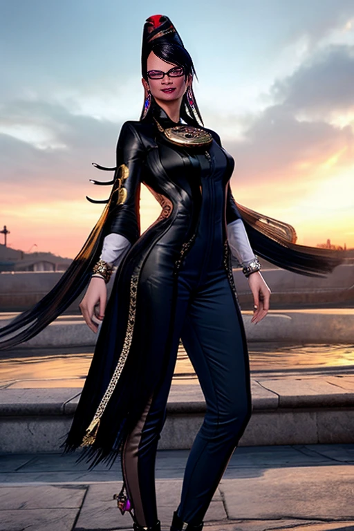 Bayonetta, 1girl, solo, full body, long hair, looking at viewer, smile, short hair, blue eyes, jewelry, earrings, sky, black hair, glasses, lips, makeup, lipstick, eyeshadow, black-framed eyewear, alternate hair length, amulet (insanely detailed, beautiful detailed face, masterpiece, best quality) 