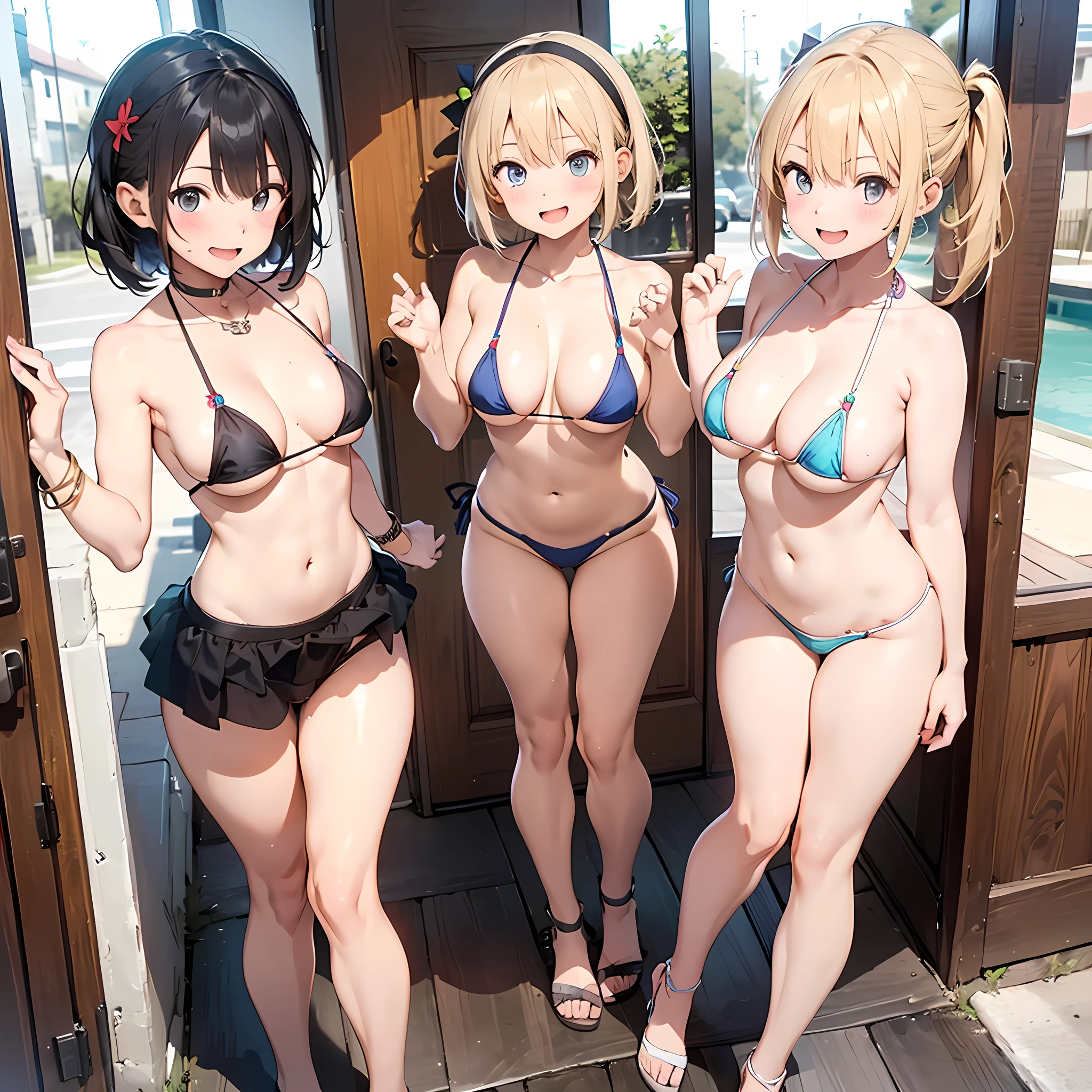 (three girls are sticking out their big butt boldly), (big butt), Laughing with your mouth open, (slender), hair band, Headband, hair bobbles, brown hair, blond hair, navel, jewelry, looking at viewer, necklace, long hair, short hair, Abdominal muscles,Pastel cream bikini