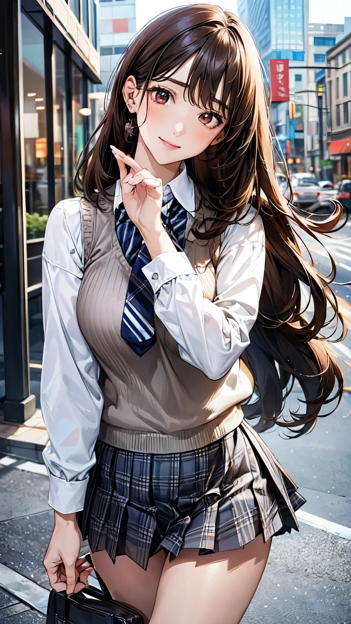 (masterpiece:1.3, top-quality), ultra high res, ultra detailed, (realistic, photorealistic:1.4), beautiful illustration, perfect lighting, colorful, depth of fields,
looking at viewer, (face focus, upper body), 1 girl, solo, hight school girl, gravure model, (large breasts:0.8, large ass, seductive thighs, skindentation),
(long hair:1.2, straight hair:1.2, (saddle-brown colored) hair), asymmetrical bangs, (brown) eyes, drooping eyes, big eyes, shiny skin, slender,
beautiful hair, beautiful face, extremely detailed face, beautiful detailed eyes, beautiful clavicle, beautiful body, beautiful chest, beautiful thigh, beautiful legs, beautiful fingers,
(detailed cloth texture, grey plaid tie, (navy knit vest), collared long sleeve white shirt, grey plaid pleated skirt), black socks, white panties, black school bag,
(beautiful scenery), morning, (downtown), walking, (lovely-smile),