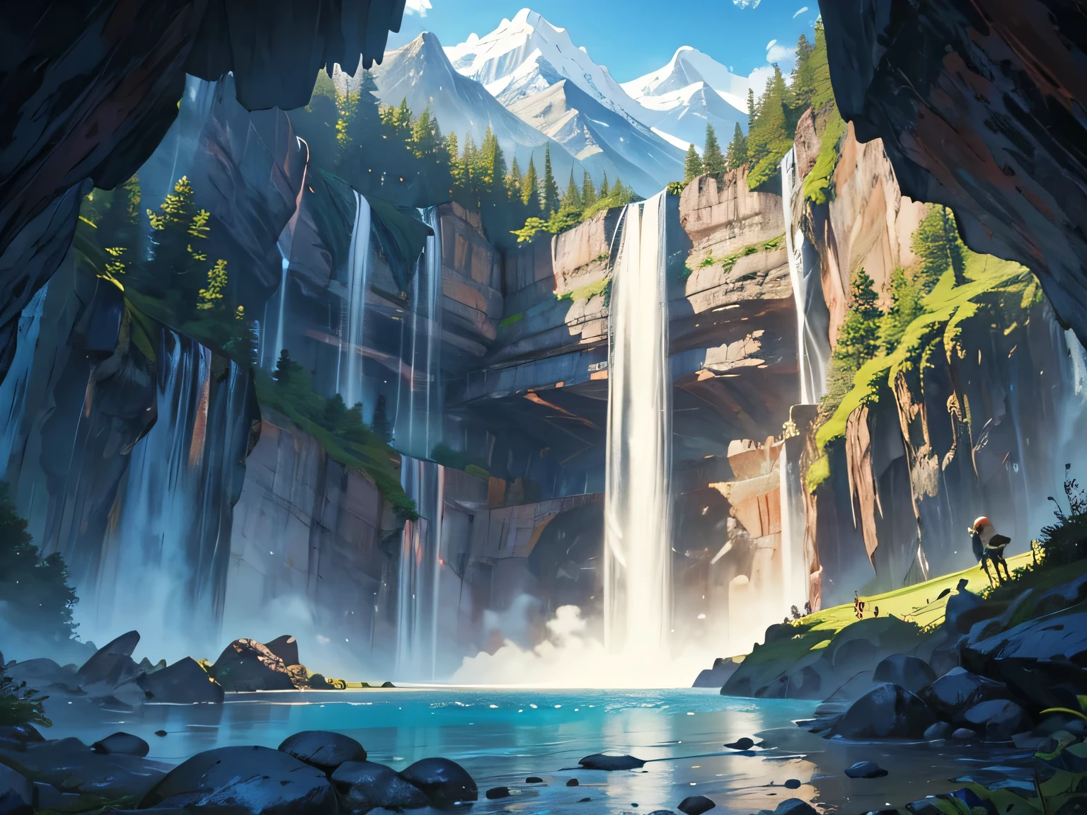 Mountain , waterfall , big mashroom