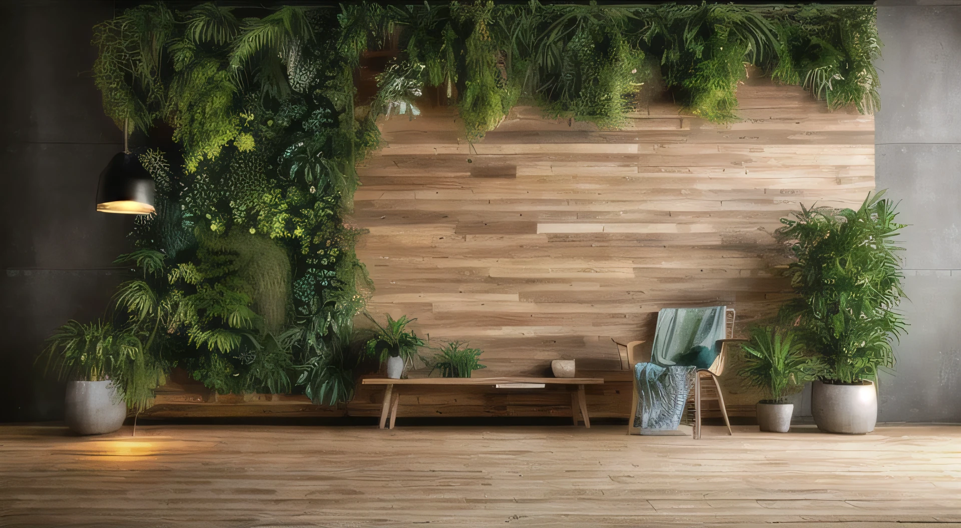 un primer plano de una pared de madera con plantas y una silla, verdant plants pared verde, verdant plant wall, render realista natural, Fondo de la pared de la sala de estar, paneles de madera, Biophilia mood, ambiente relajante, living room background, pared verde, paredes de paneles de madera, personal room background, tablones de madera, Acentos en madera, interior, wooden interior, Paneles de madera