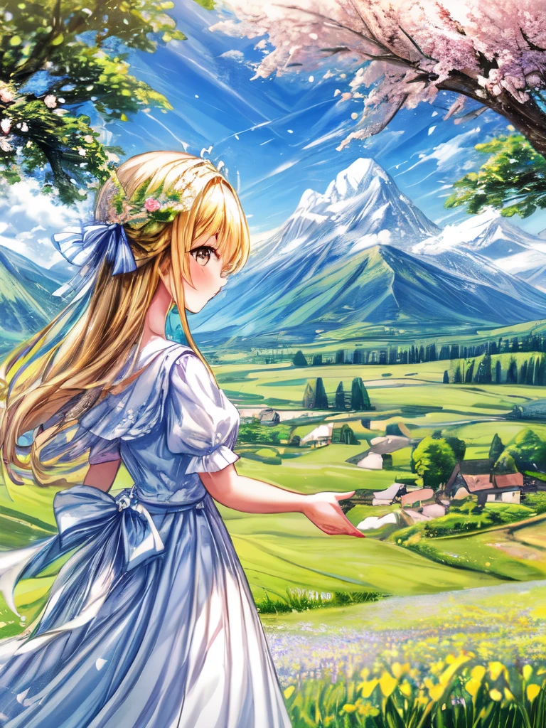 A bright and serene countryside scene with a girl young gazing beyond the mountains during spring.