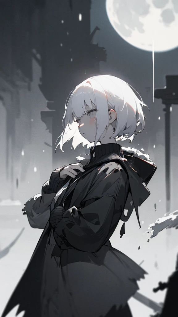 (masterpiece、highest quality)、Short nape hair、1 girl with very short white hair、Black cardigan、Grim expression、Grey Eyes、Warm lighting、 Blurred foreground、Deep in the night、High Contrast、night,Heavy snowfall,winter,full moon,Destroyed world