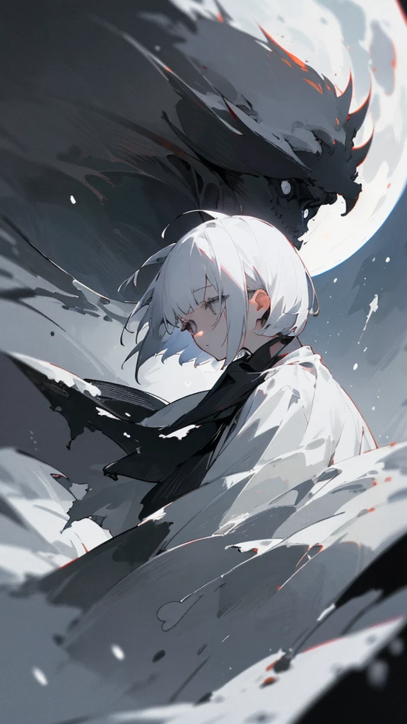 (masterpiece、highest quality)、Short nape hair、1 girl with very short white hair、Black cardigan、Grim expression、Grey Eyes、Warm lighting、 Blurred foreground、Deep in the night、High Contrast、night,Heavy snowfall,winter,full moon,Destroyed world