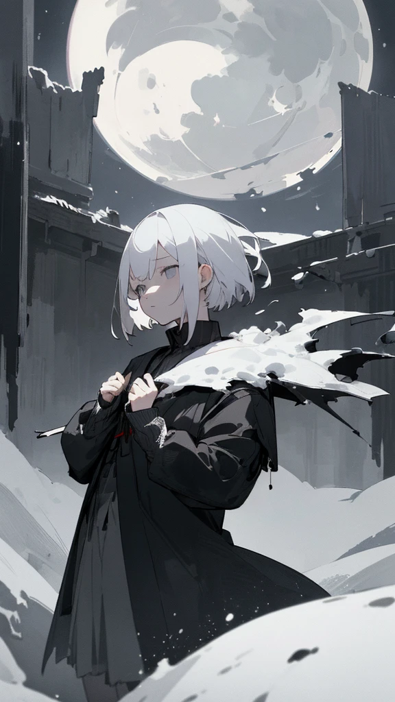 (masterpiece、highest quality)、Short nape hair、1 girl with very short white hair、Black cardigan、Grim expression、Grey Eyes、Warm lighting、 Blurred foreground、Deep in the night、High Contrast、night,Heavy snowfall,winter,full moon,Destroyed world