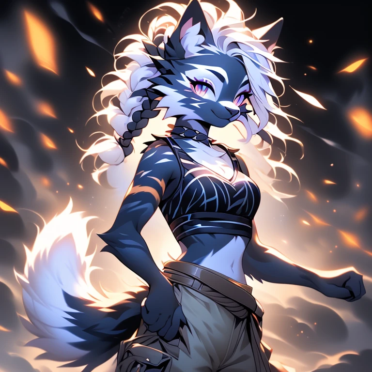 Solo, sfw, Young Female white fox-cat (((lean-body))) (((medium breasts))) (short snout),(((fur (black stripe) between neck and shoulder towards chest))) ((fur (black stripes) on waist))(ears are darker), (heterochromia (orange, violet)), (cat tail (black at end)), (white hair (single-braided)), (fantasy adventure type clothing ((violet shirt (crop top) (dark fur strips on waist)), (navy-blue belt) khaki pants)), happy ((looking at viewer)) ((Female wolf)) (detailed eyes) (clevedge, (collarbone, shoulders), (solo, (1girl)) ((((fluffy white fur)))) ((extremely detailed fur)) (violet crop top) ((hair in face)) (big braid), sfw, (cat tail) (heterochromia) 