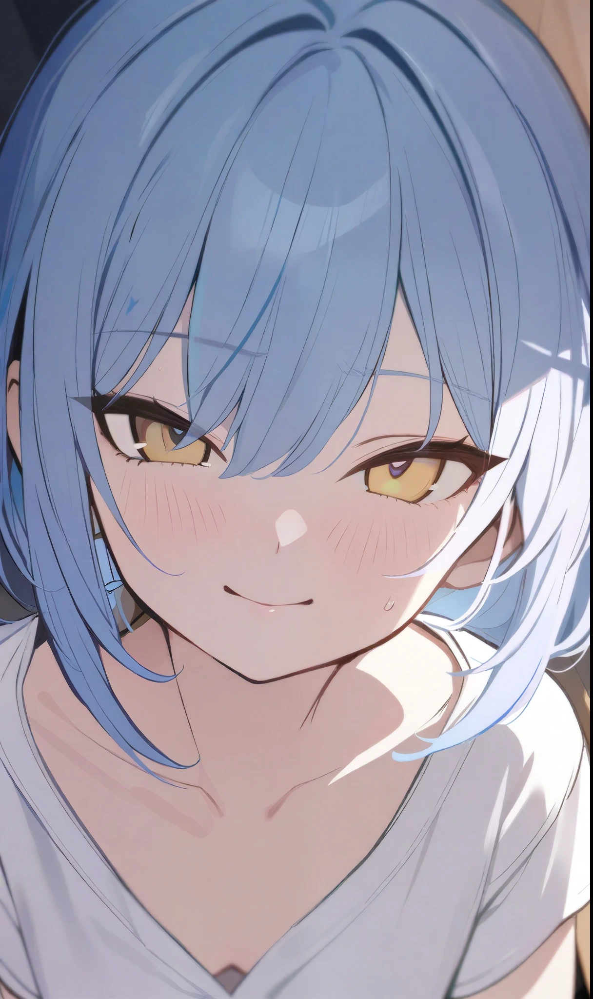 1 girl, short sky blue hair, have bang, golden yellow eyes, soft smile, pink cheeks, looking at viewer, white shirt, (masterpiece, best quality, beautiful detailed eyes, detailed face)