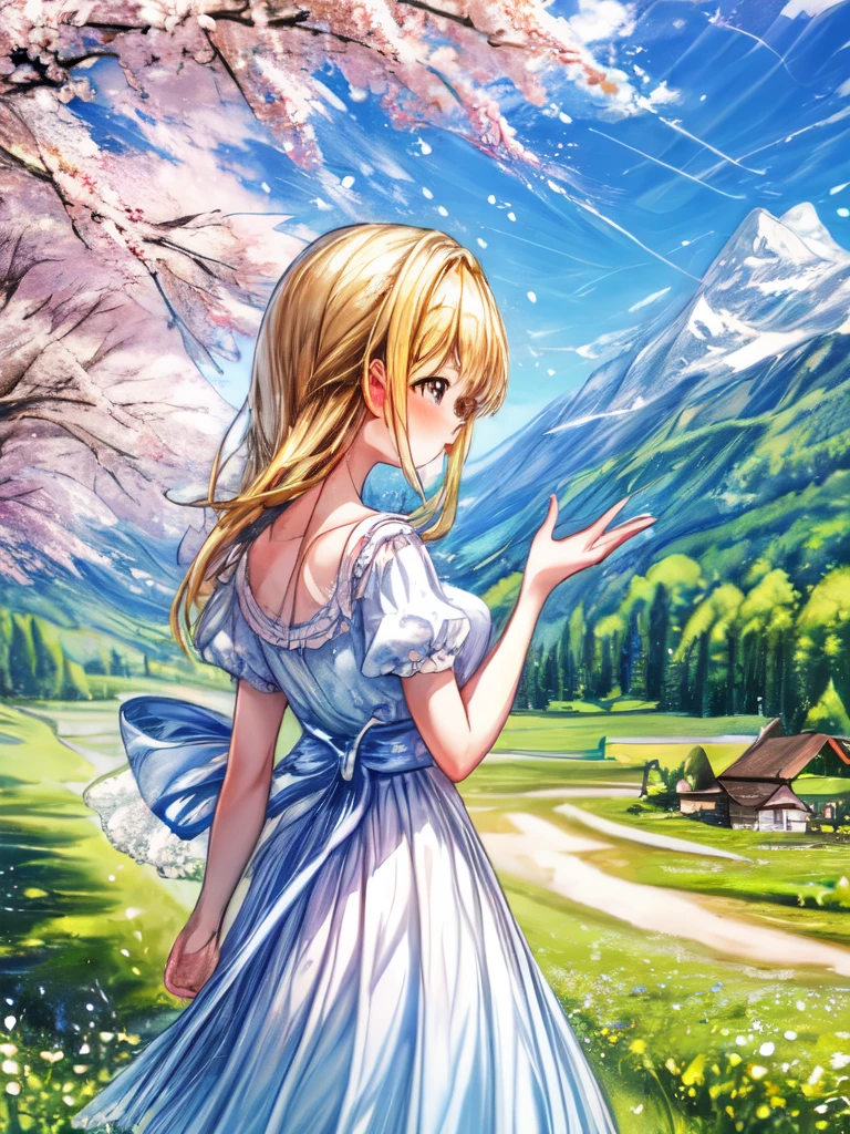 A bright and serene countryside scene with a girl young gazing beyond the mountains during spring.
