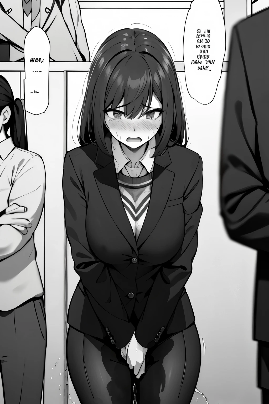 A woman with long black hair, wearing a business outfit consisting of a suit, pencil skirt, and pantyhose, stands in a monochrome setting. The artwork is inspired by manga and incorporates a doujin style. The woman appears to be (wetting herself:1.5), which causes her to feel embarrassed and humiliated, resulting in a blush on her face. In addition, there is an air of anger in her expression. The lighting in the scene is moody, with a spotlight highlighting the woman's figure. She is crossing her arms, (arms crossed:1.5), fully showcasing her skirt., medium breasts