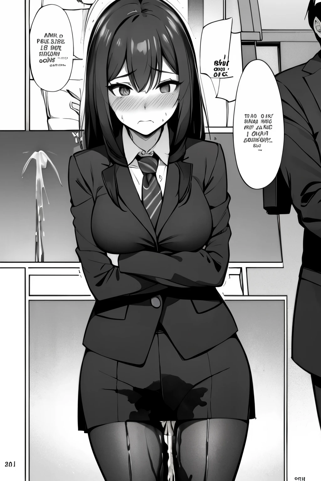 A woman with long black hair, wearing a business outfit consisting of a suit, pencil skirt, and pantyhose, stands in a monochrome setting. The artwork is inspired by manga and incorporates a doujin style. The woman appears to be (wetting herself:1.5), which causes her to feel embarrassed and humiliated, resulting in a blush on her face. In addition, there is an air of anger in her expression. The lighting in the scene is moody, with a spotlight highlighting the woman's figure. She is crossing her arms, (arms crossed:1.5), fully showcasing her skirt., medium breasts