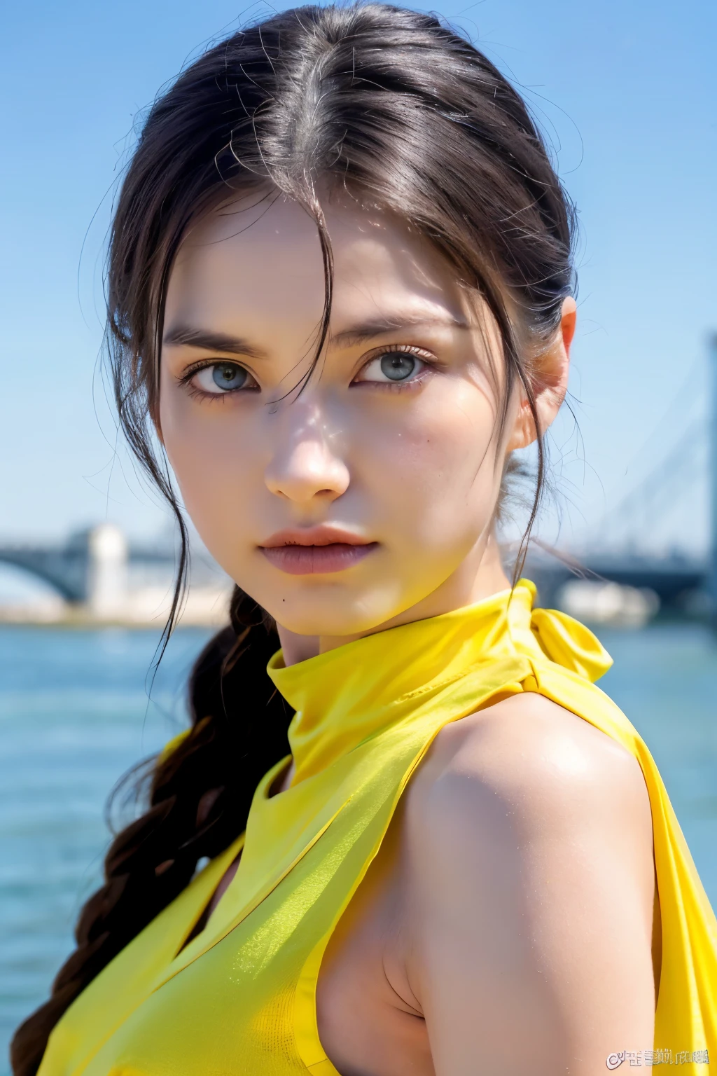 ((best quality)), ((masterpiece)), (detailed), (perfect face) A sexy woman is standing prepare for fight near the river, she is wearing purple clothing with blue eyes and she was holding a green and yellow sword. The scene appears to be in brightly dark, with the individual being the main focus of the image.