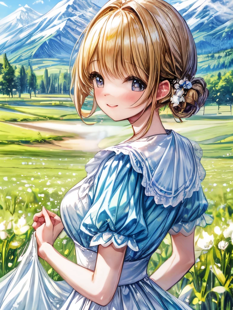 A bright and serene countryside scene with a girl young gazing beyond the mountains during spring.