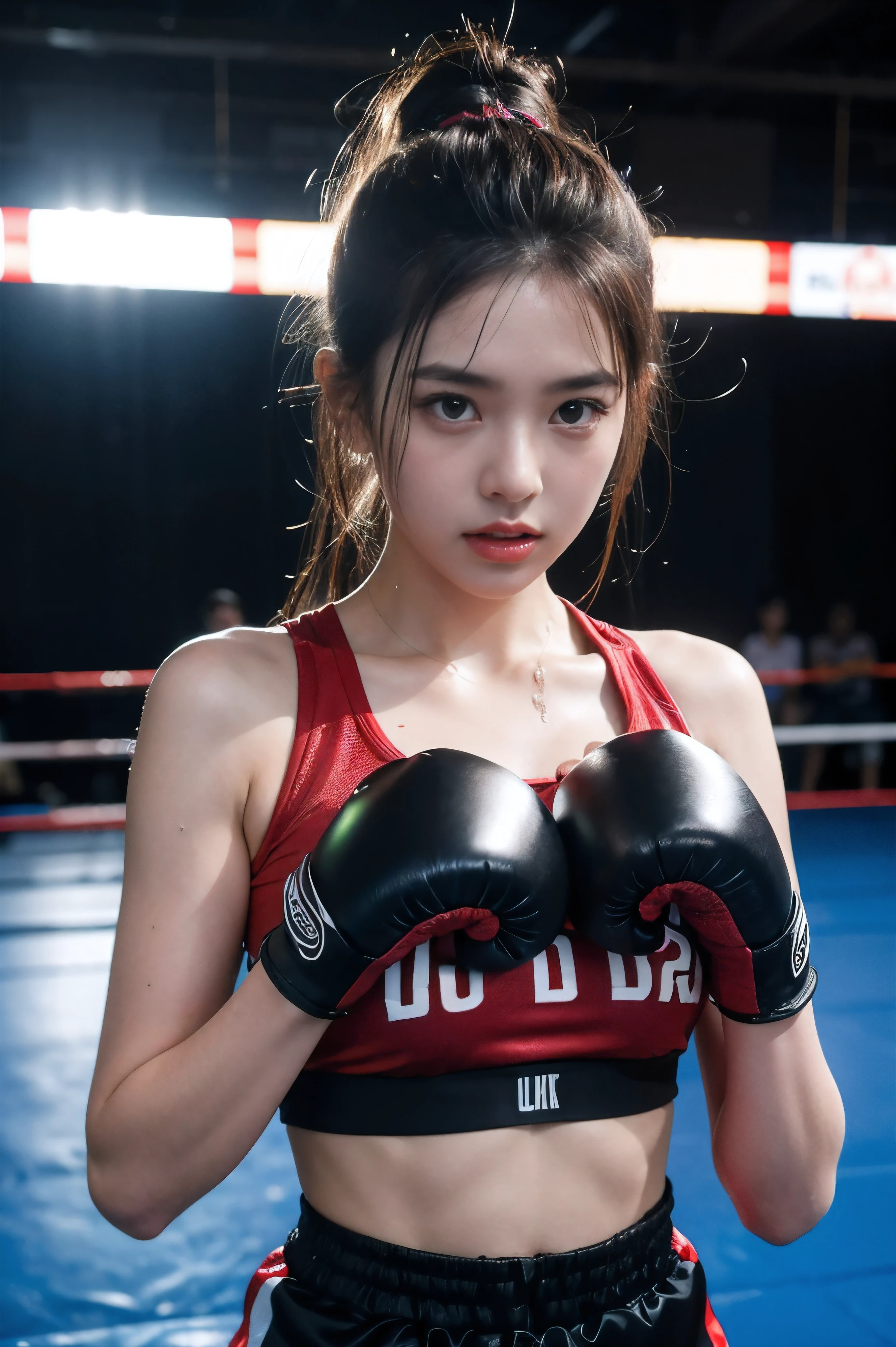 1 girl boxer stood on the ring, sweat dripping from her face. The intense battle filled the entire gymnasium with a oppressive atmosphere. The lights flickered on the arena, reflecting the sweat and strength on the boxer's body girl, (((1 girl))), looking the viewer