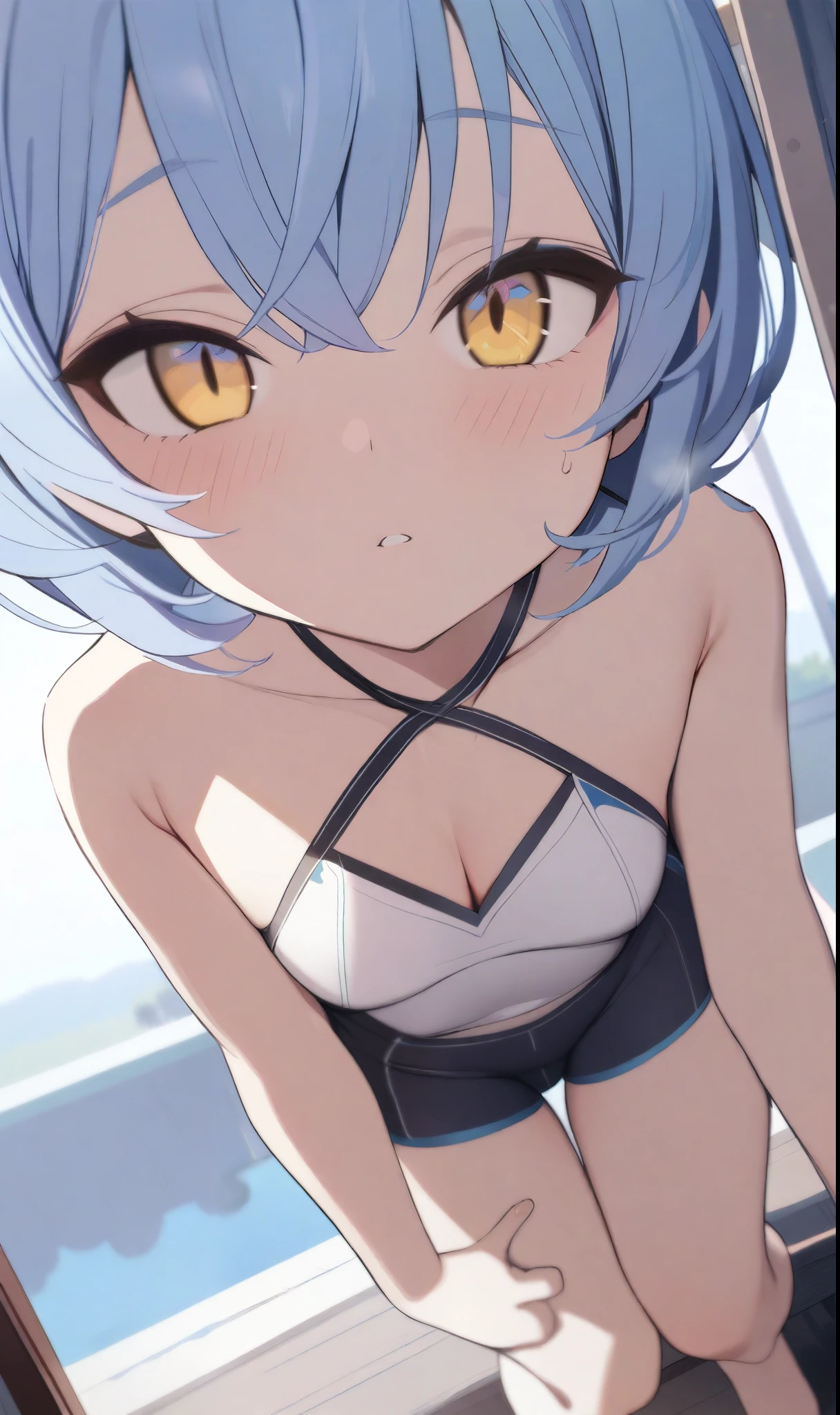 1 girl, short sky blue hair, have bang, golden yellow eyes, pink cheeks, looking at viewer, l (masterpiece, best quality, beautiful detailed eyes, detailed face), full body
