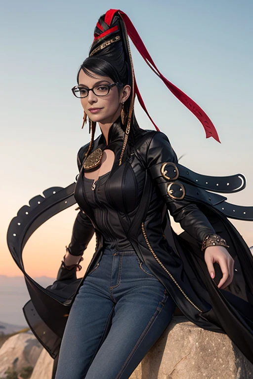 score_9, score_8_up, score_7_up, score_6_up, score_5_up, 1girl, Bayonetta, 1girl, solo, full body, long hair, looking at viewer, smile, short hair, blue eyes, jewelry, earrings, sky, black hair, glasses, lips, makeup, lipstick, eyeshadow, black-framed eyewear, alternate hair length, amulet (insanely detailed, beautiful detailed face, masterpiece, best quality) 