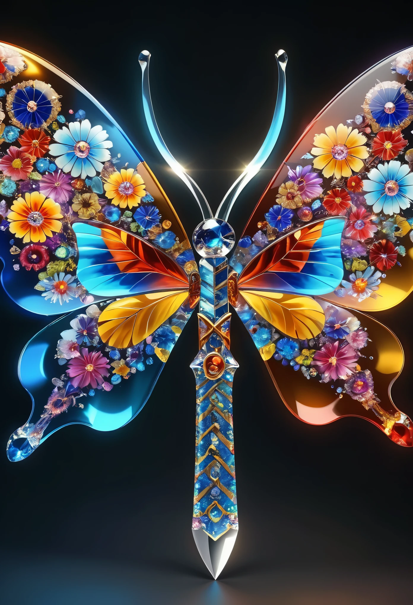 (best quality,4k,highres),Millefiori glass style,(vibrant,brilliant),meteor, butterfly, sword, (sparkling shards, intricate patterns), (realistic,physically-based rendering), (colorful, multicolored), (fantasy, dreamlike)