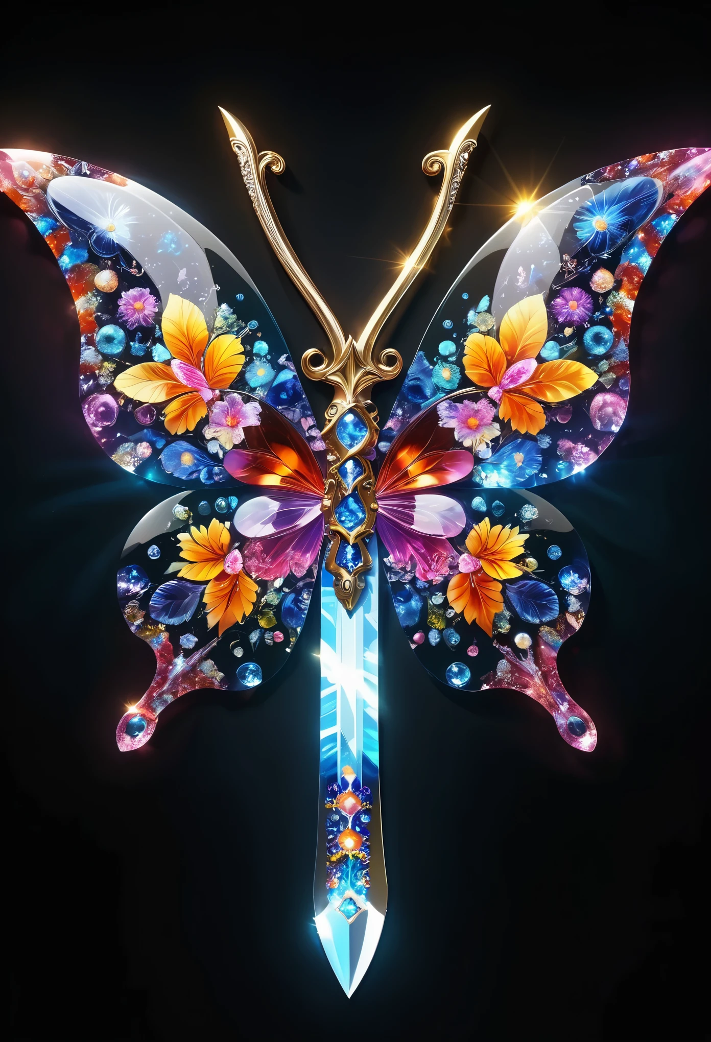 (best quality,4k,highres),Millefiori glass style,(vibrant,brilliant),meteor, butterfly, sword, (sparkling shards, intricate patterns), (realistic,physically-based rendering), (colorful, multicolored), (fantasy, dreamlike)