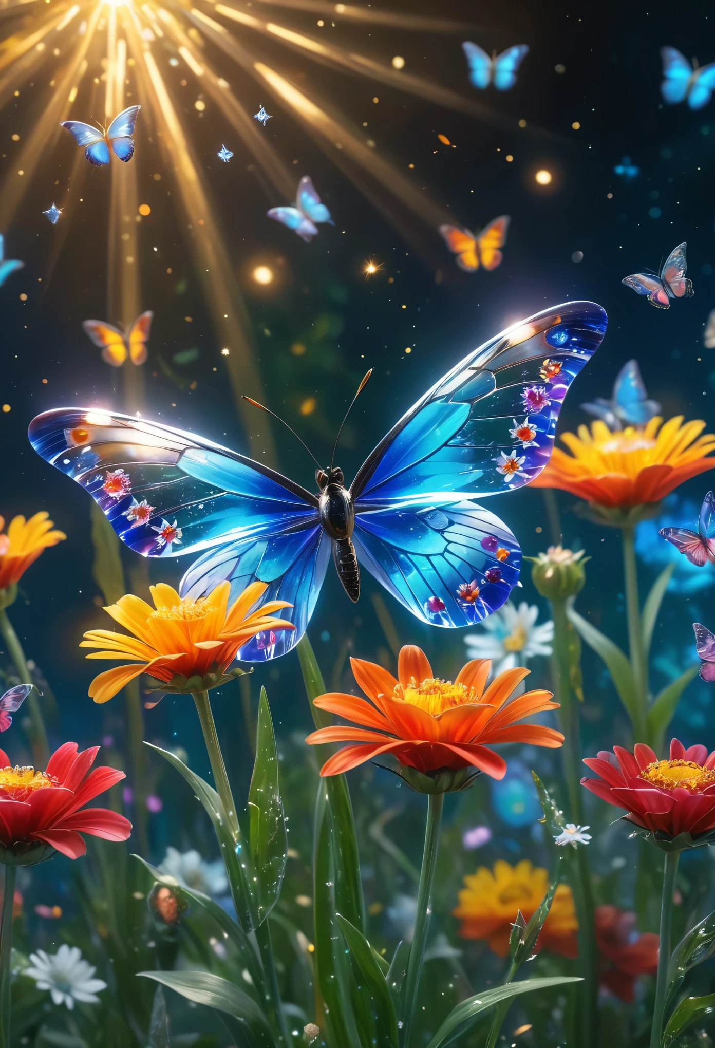 Millefiori glass style, shooting stars, butterflies, swords, (best quality, 4k, 8k, highres, masterpiece:1.2), ultra-detailed, (realistic, photorealistic, photo-realistic:1.37), HDR, UHD, studio lighting, vivid colors, bokeh, portraits, landscape, concept artists, vibrant color palette, enchanting lighting.