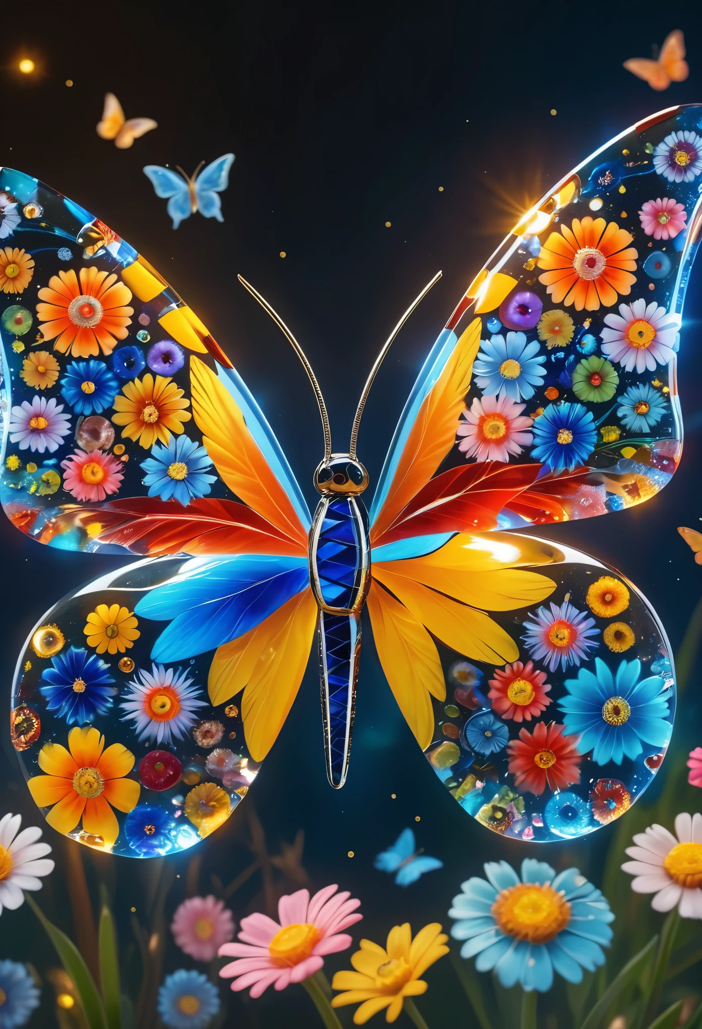 Millefiori glass style, shooting stars, butterflies, swords, (best quality, 4k, 8k, highres, masterpiece:1.2), ultra-detailed, (realistic, photorealistic, photo-realistic:1.37), HDR, UHD, studio lighting, vivid colors, bokeh, portraits, landscape, concept artists, vibrant color palette, enchanting lighting.