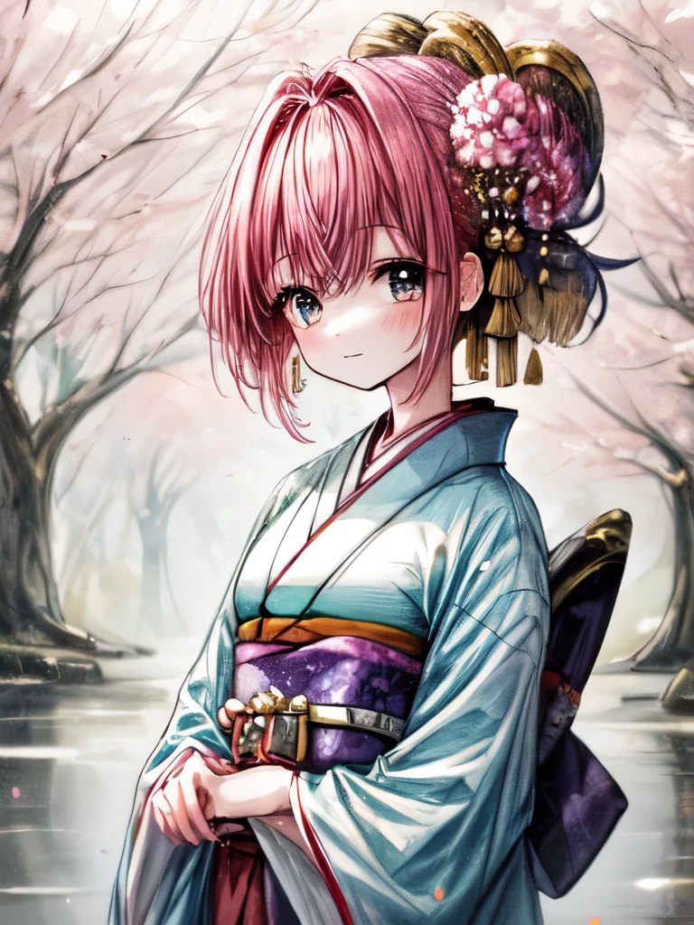 "Create an image of a serene landscape with a young girl wearing a traditional spring kimono, focusing on her bust.